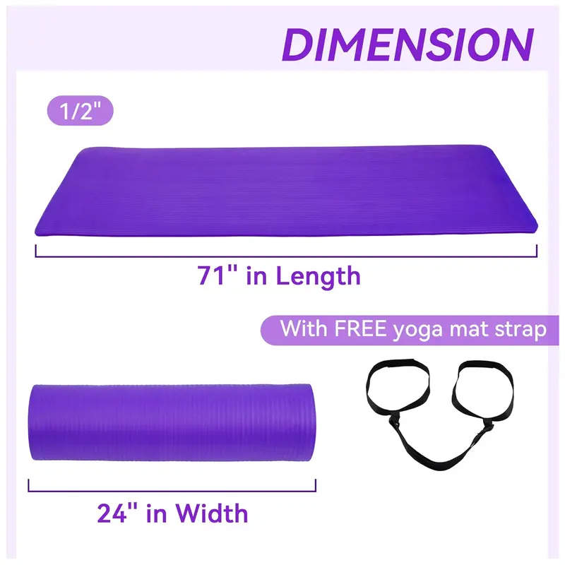 ✅ 1/2 Inch Extra Thick High Density Yoga Mat with Carrying Strap – Shock Absorbing Non Slip Exercise Fitness Mat for Yoga, Pilates & Home Gym Workout